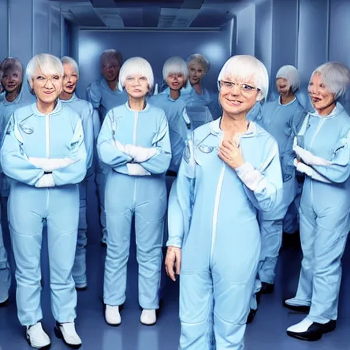 Image similar to troop of grannies with white bob hairdos, tight light blue neopren pilot suits, futuristic cloning facility, sci - fi, highly detailed, cinematic