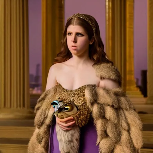 Image similar to Anna Kendrick as the Goddess Minerva with her dark purple toga slipping off her shoulders which her owl is sitting upon 8k resolution hyperdetailed photorealism amazing level of detail and ultra high quality and beautifully crafted