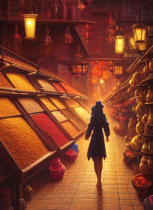 Image similar to a young woman shopping in a spice market at night, soft glow from lanterns, shiny, fantasy, intricate, elegant, hyper detailed, ultra definition, photoreal, artstation, unreal engine rendered, concept art, smooth, sharp focus, illustration, art by artgerm and greg rutkowski and alphonse mucha and garis edelweiss