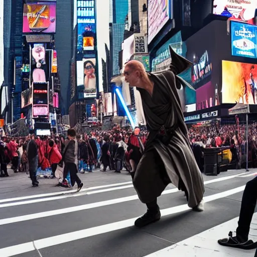 Image similar to a jedi in a battle with voldemort among the people in times square