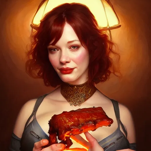 Prompt: Christina Hendricks Eating BBQ Ribs, dripping BBQ Sauce, D&D, fantasy, intricate, elegant, highly detailed, digital painting, artstation, concept art, matte, sharp focus, illustration, hearthstone, art by Artgerm and Greg Rutkowski and Alphonse Mucha