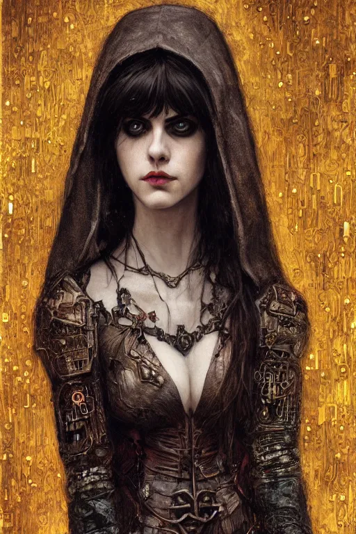 Prompt: portrait of beautiful gothic Alexandra Daddario, cyberpunk, Warhammer, highly detailed, artstation, illustration, art by Gustav Klimt