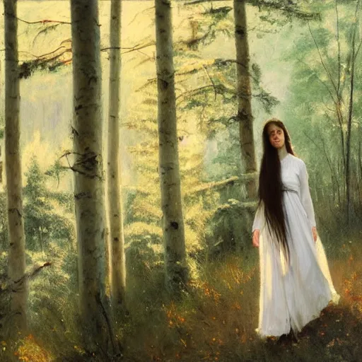 Image similar to woman with dark long hair in white dress, walking through aspen forest, jeremy lipking, joseph todorovitch