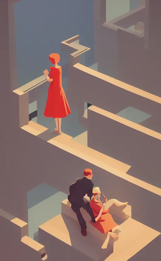 Image similar to young love, surreal illustration, by atey ghailan and escher and edward hopper