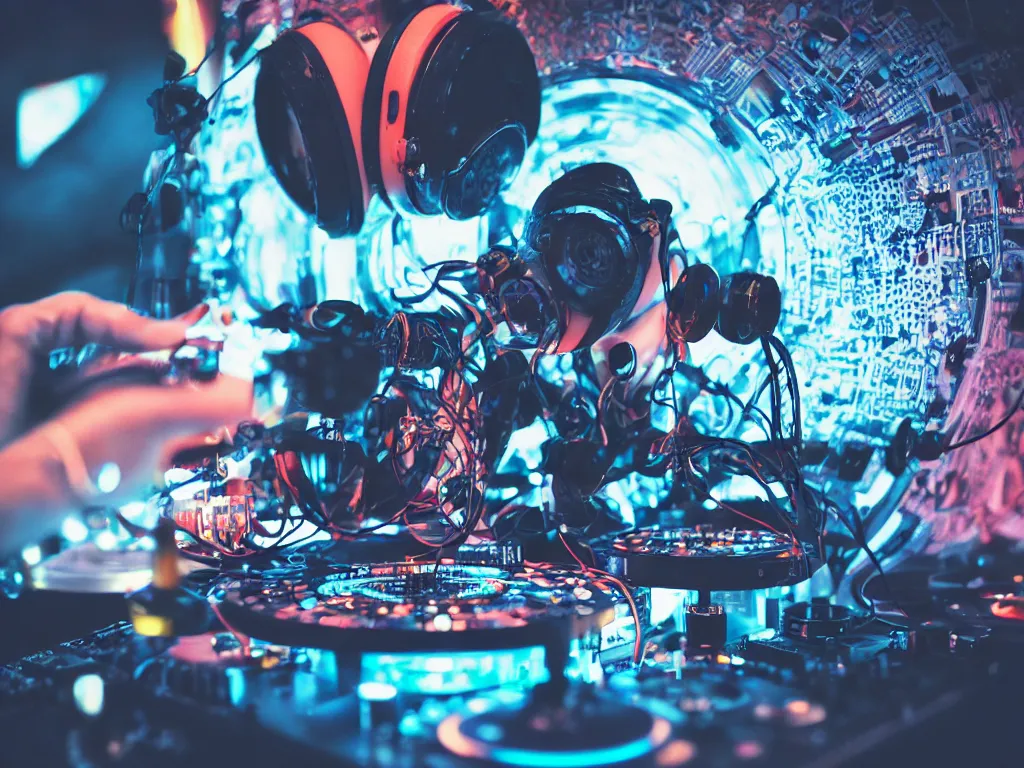 Image similar to a person wearing goggles and visor and headphones using a steampunk record player contraption, wires and tubes, turntablism dj scratching, intricate planetary gears, cinematic, imax, sharp focus, leds, bokeh, iridescent, black light, fog machine, hazy, lasers, hyper color digital art, cyberpunk