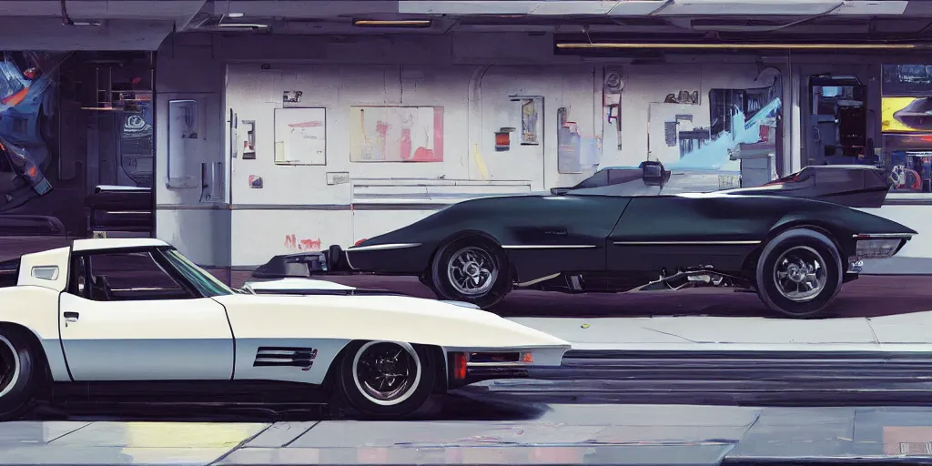 Prompt: art style by Ben Aronson and Edward Hopper and Syd Mead, wide shot view of the Cyberpunk 2077, on ground level. full view of the Corvette 1969 with wide body kit modification.