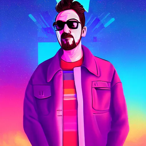 Prompt: art of a chill synthwave dude, digital painting, synthwave, vivid