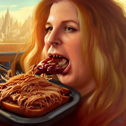 Prompt: Morbidly Obese Ann Coulter eating pulled pork sandwich oozing bbq sauce, closeup, D&D, fantasy, intricate, elegant, highly detailed, digital painting, artstation, concept art, matte, sharp focus, illustration, art by Artgerm and Greg Rutkowski and Alphonse Mucha