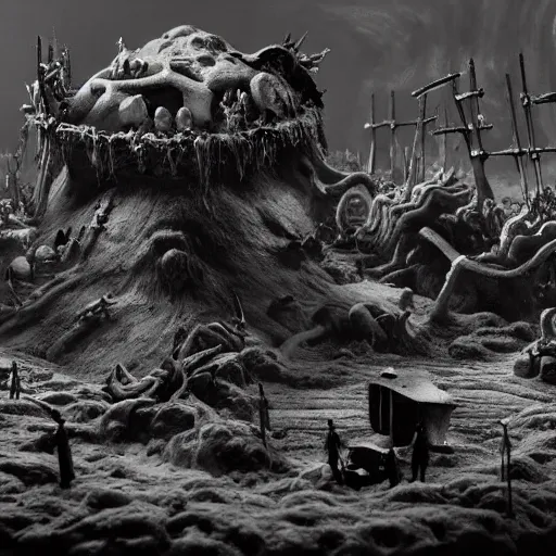 Image similar to the war between worlds extremely detailed claymation art, dark, moody, foggy