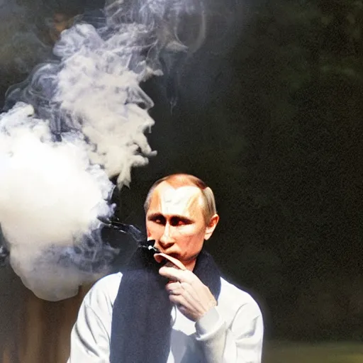 Image similar to vladimir putin smoking a bong and exhaling a large smoke cloud, candid photography