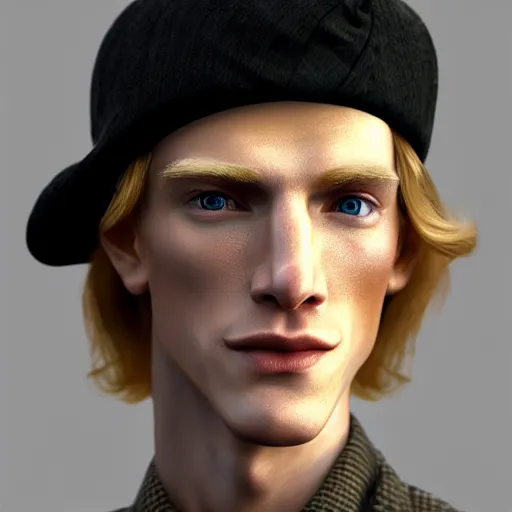 Image similar to A videogame portrait of a blond young Irish man with high cheekbones. Good bone structure. Dressed in 1940s style. Highly detailed, fine Art, high detail, great lighting, 8k resolution, masterpiece, concept art, illustration, clear eyes, painting oil on canvas, octane render, HDR, trending on artstation, 4k, 8k, HD