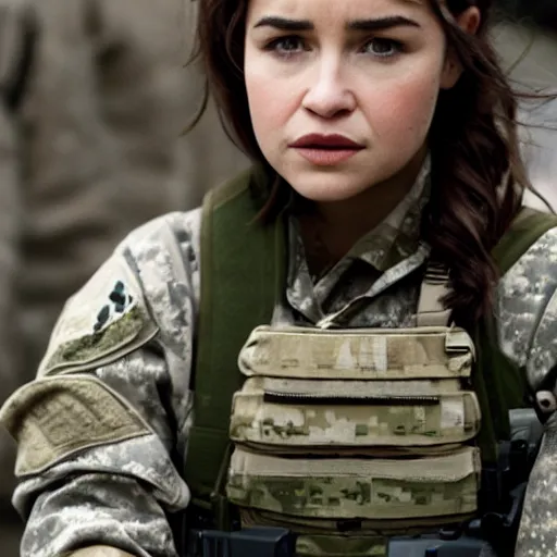 Image similar to emilia clark as a female soldier, pentax k 1 0 0 0