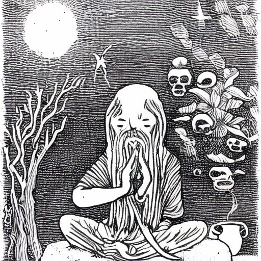 Prompt: meditative horror illustration of a serene and pure hermit tracing a magic circle of ritual purification, banishing the crowd of ghosts and shades that silently stand around him