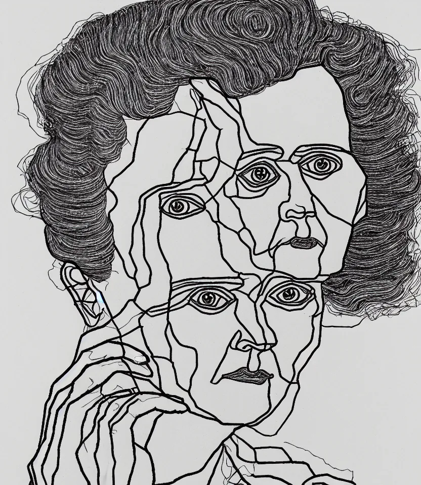 Prompt: detailed line art portrait of marie curie, inspired by egon schiele. caricatural, minimalist, bold contour lines, musicality, soft twirls curls and curves, confident personality, raw emotion