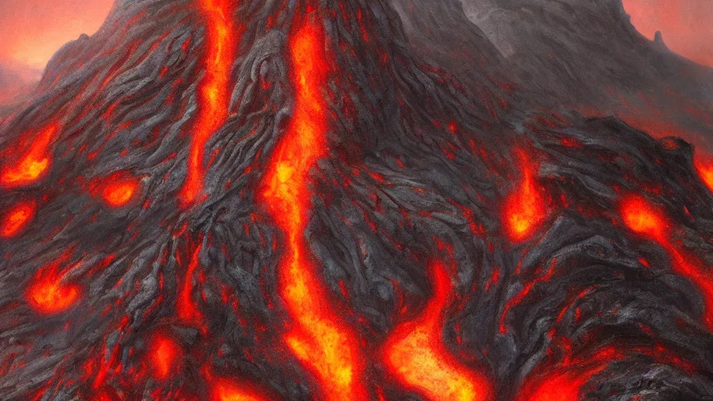 Prompt: Trending on artstation, beautiful volcanic lava landscape, detailed matte painting, oil on canvas