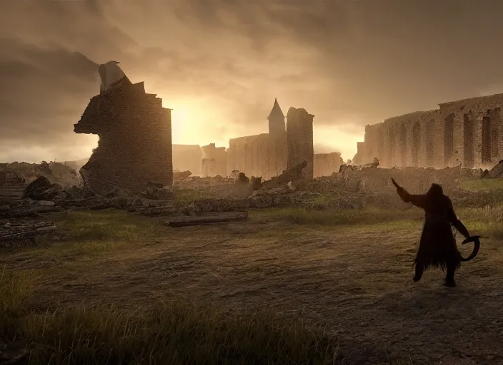 Image similar to a viking riding a giant black cat walks through the ruins of a viking village, horror, dramatic lighting, dawn, by caspar david friedrich, unreal engine 5
