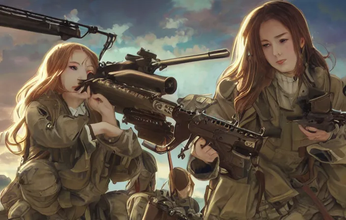 Image similar to war movie scene, squad, infantry girls, anime style, long hair, hair down, symmetrical facial features, explosions, wallpaper, from girls frontline, hyper realistic, pale skin, rule of thirds, extreme detail, detailed drawing, trending artstation, hd, trading card, by alphonse mucha, greg rutkowski, backlit