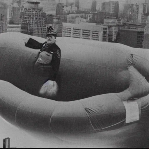 Image similar to Photo of a police officer inflated like a blimp. She's huge and round and floating over a cityscape.