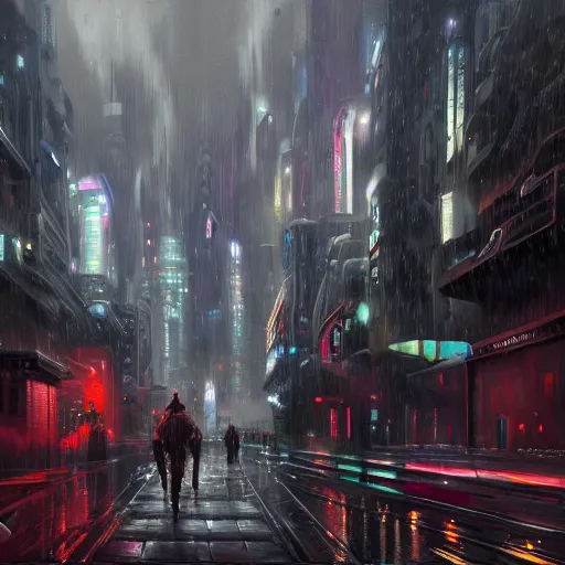 Prompt: a beautiful cyberpunk futuristic painting of rainy victorian london, featured on ArtStation, 8K, concept art