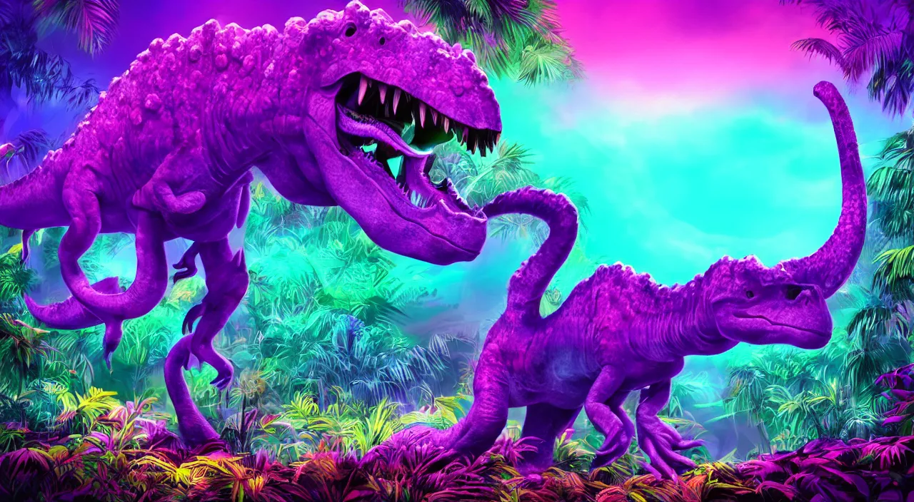 Image similar to spectral purple neon dinosaur, spectral neon pink dinosaur, spectral yellow neon dinosaur, green jungle background, detailed, ultrawide landscape