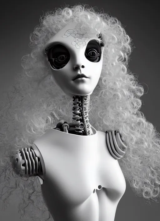 Prompt: black and white dreamy profile face portrait, biomechanical beautiful angelic young female cyborg - robot - doll with long white curly hair, body ribs meshes, volumetric light, hibiscus flowers, rim light, big gothic fashion pearl embroidered collar, 1 9 3 0, 8 k
