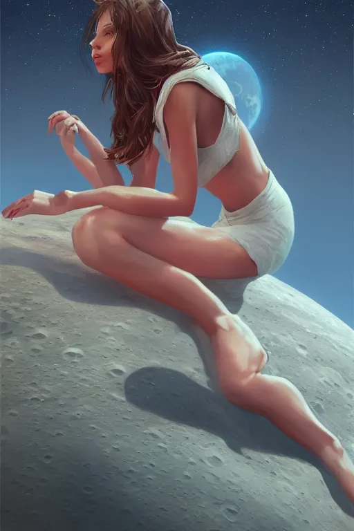 Image similar to Beautiful Woman sitting on the moon with a view of the earth in the background, digital painting, highly detailed, artstation, concept art, smooth, sharp focus, illustration.