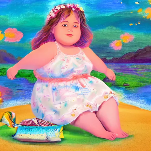 Prompt: spectacular scene of a little fat sweet girl with flowery dress, sitting on the sand, with a colorful fish, by the stormy lake. clear beautiful fat face. morning time. an amazingly beautiful scene. beautiful lighting, 4 k post - processing, trending in art station, cg society, highly detailed, 5 k extremely detailed, 3 d. stylize scene.