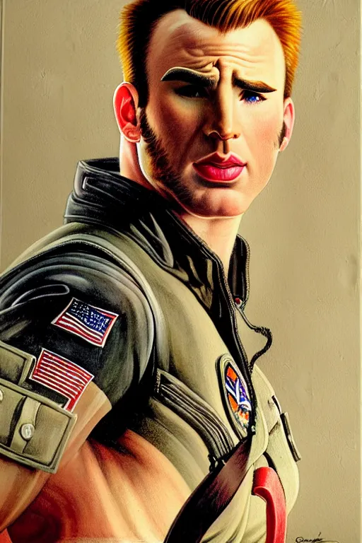 Image similar to attractive chris evans, kawaii, top gun the movie, painting by, tom of finland, gaston bussiere, craig mullins, j. c. leyendecker