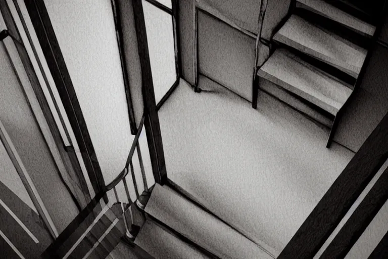 Image similar to looking down stairs in a house at the semi transparent ghost of a man at the bottom, digital art