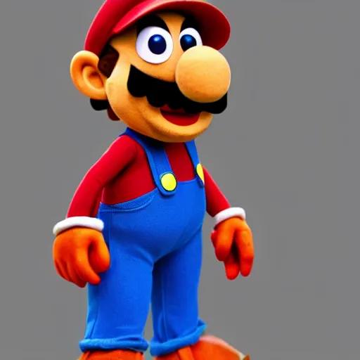 Prompt: A full body still of Mario as a muppet, photo real, photographic, photograph, artstation, trending, award winning, epic lighting, featured