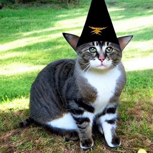 Image similar to beautiful cat with a wizard hat in the shire