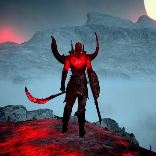 Image similar to photo realistic dovahkiin standing on a mountain wearing daedric armor with an eerie blood red eclipse in the background