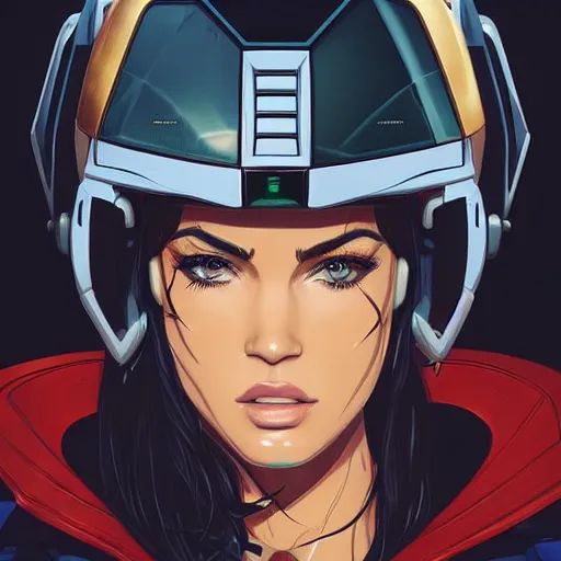 Image similar to portrait of stunning megan fox gundam pilot, with an intricate, detailed, urban inspired hiphop afro futuristic helmet, vector behance hd jesper ejsing, rhads, makoto shinkai, lois van baarle, ilya kuvshinov, rossdraws, hd, 3 2 k, ilya kuvshinov, gustav klimt