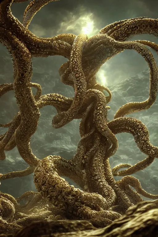 Image similar to giant ancient alien tentacles artwork by yoshitaka amano, ivory and gold, detailed vegetation background, extremely detailed, octane rendering, sharp focus, volumetric light, particles, unreal engine 5, rtx