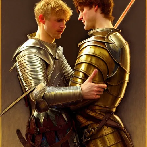 Image similar to attractive arthur pendragon and his attractive male knight, they are in love, natural lighting, path traced, highly detailed, high quality, digital painting, by gaston bussiere, craig mullins, alphonse mucha j. c. leyendecker