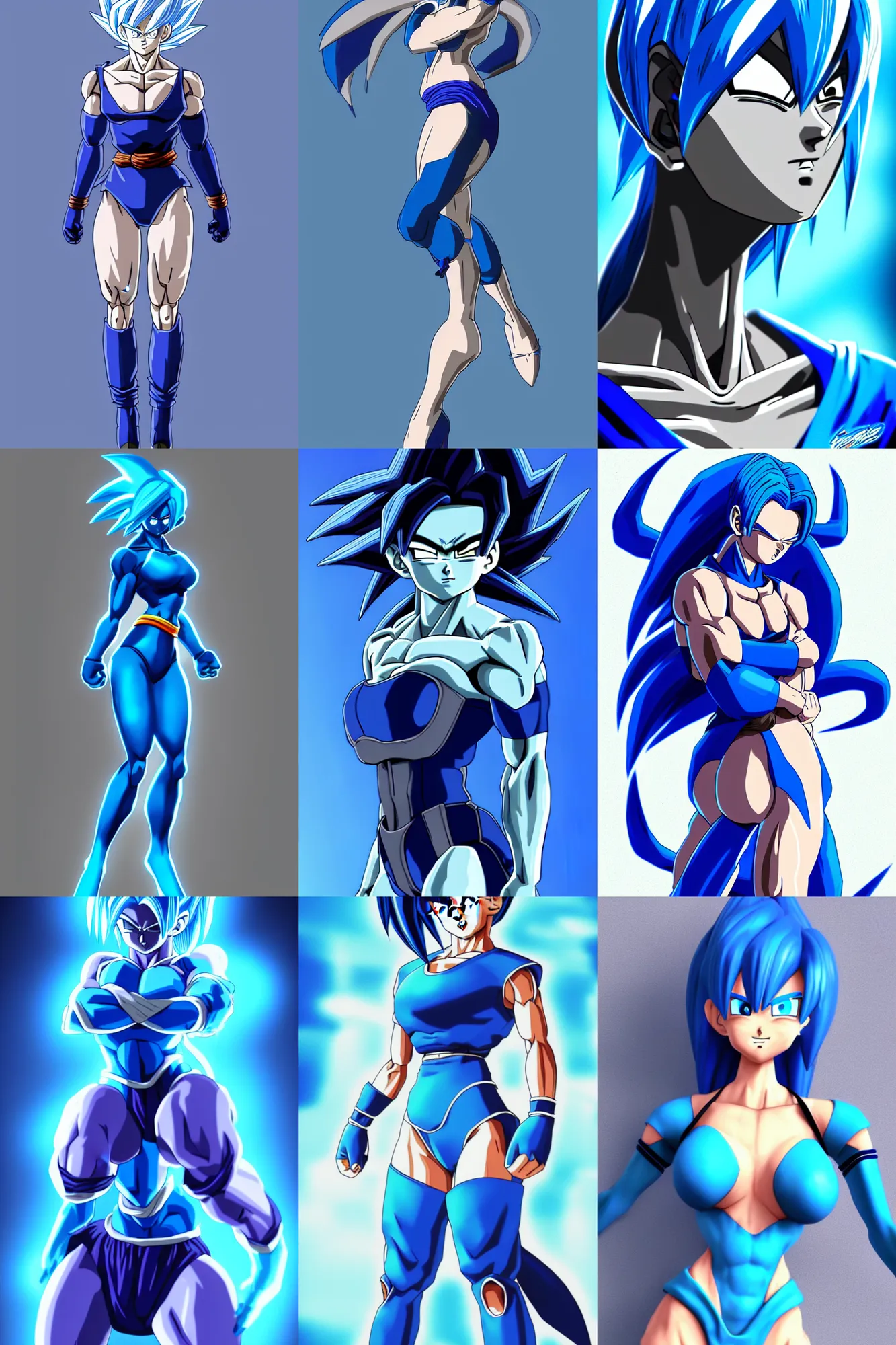 Prompt: gorgeous blue female character full body profile, dragon ball z style, trending on artstation, dramatic lightning