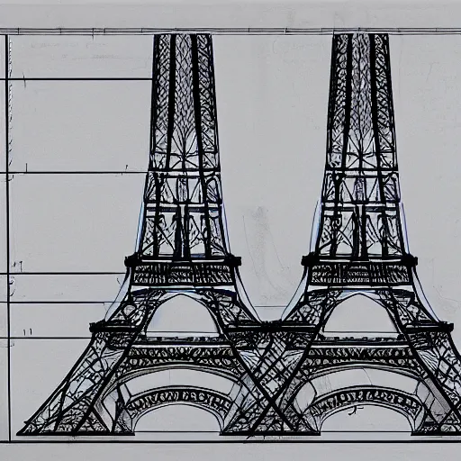Prompt: rejected design sketches for the eiffel tower blueprint technical drawing