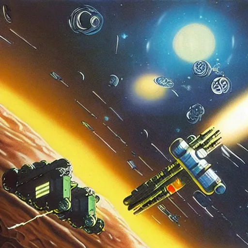 Image similar to abandoned space station, artwork by chris foss