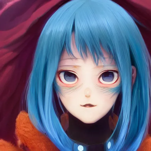 Prompt: profile shot of rimuru tempest averting his gaze, sky blue hair, straight hair, pretty, long bangs, amber eyes, black jacket with white stripes, a high frilly collar | highly detailed, unreal engine 5, digital painting, concept art, cinematic, wlop | artgerm, pixiv, ilya kuvshinov, greg rutkowski