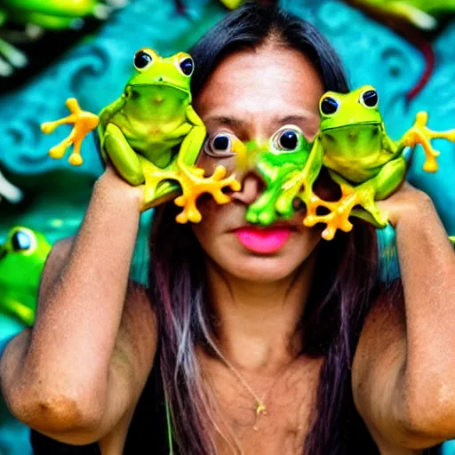 Image similar to Woman with Frogs, sharp focus colorful realistic photograph