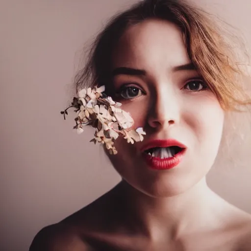 Image similar to , a photo of a beautiful lady with flowers coming out of her mouth 5 0 mm lens, f 1. 4, sharp focus, ethereal, emotionally evoking, head in focus, volumetric lighting, blur dreamy outdoor,