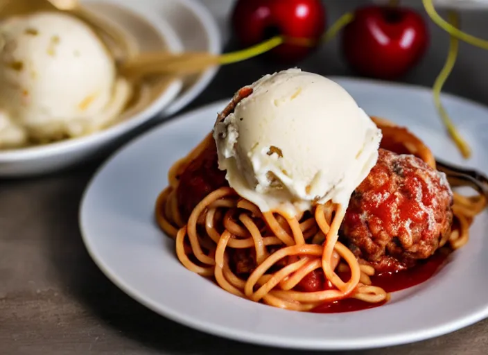 Image similar to dslr food photograph of spaghetti and meatballs topped with vanilla ice cream and a cherry on top, 8 5 mm f 1. 8