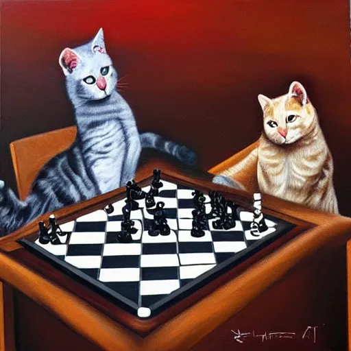 Image similar to cats playing chess, surreal oil painting