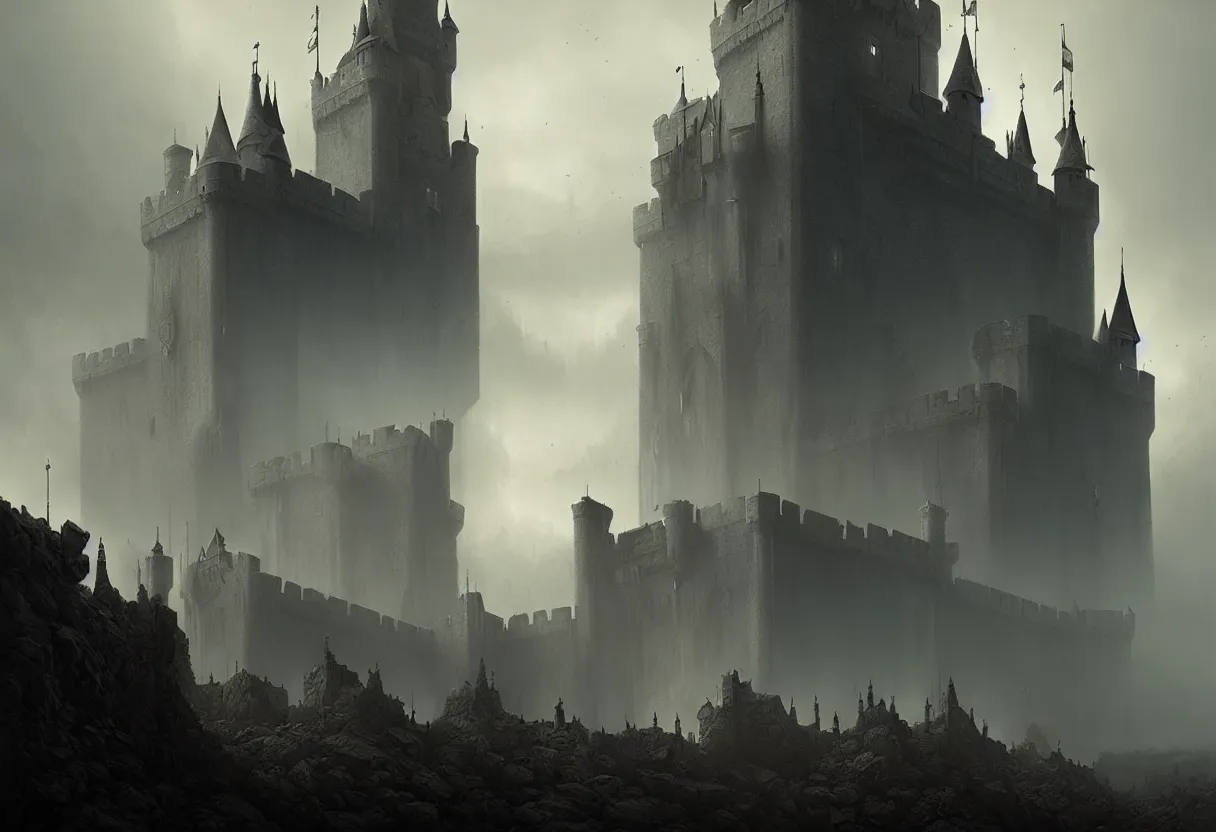 Image similar to castle with 3 0 years war, ultra high definition, ultra detailed, symmetry, fog, matte painting, by greg rutkowski and ross tran and wlop