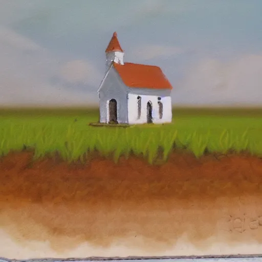 Image similar to oil on styrofoam crust - painting with melt of a small white country church in a corn field ( very sinister and sweet )