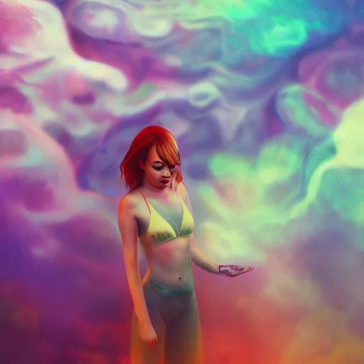 Prompt: Emma Stone with pistol swimming in chromatic distortions in misty mysterious astral temple, beautiful, dmt, trending on artstation, omnious, soft, artwork by Tran, Ross