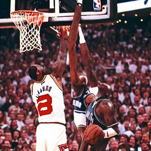 Image similar to professional nba photograph of lebron james dunking on michael jordan, award - winning photograph, highly detailed, dramatic posing, 8 k quality, high quality