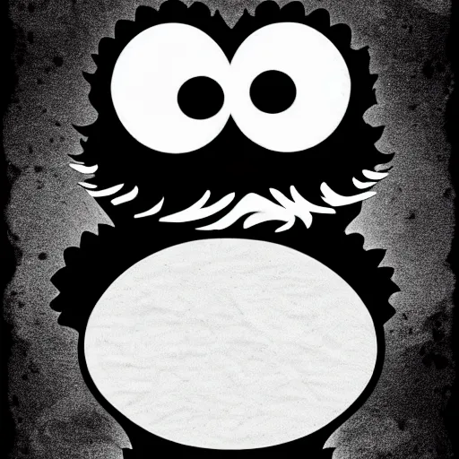 Image similar to book illustration of cookie monster with eight eyes, book illustration, elegant, minimalistic, monochromatic, white background, black and white image