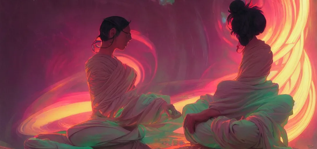 Image similar to a floating monk meditating, channeling swirling energy, wearing cyberpunk clothing, vaporwave aesthetic, colorful, psychedelic, digital painting, artstation, concept art, smooth, sharp focus, illustration, art by artgerm and greg rutkowski and alphonse mucha