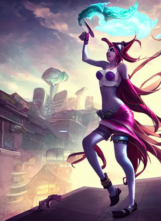 Prompt: league of legends jinx, standing on roof of building, art by artgerm, charlie bowater, ross tran.